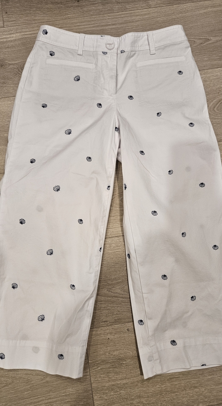 Talbots White Wide-Leg Ankle Pants with Navy Shell Embroidery